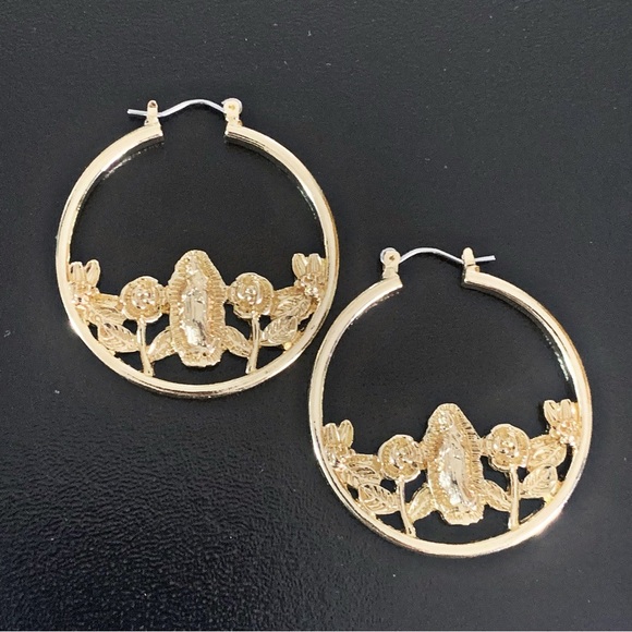 Gold Virgin Mary Hoop Earring’s - Picture 7 of 14